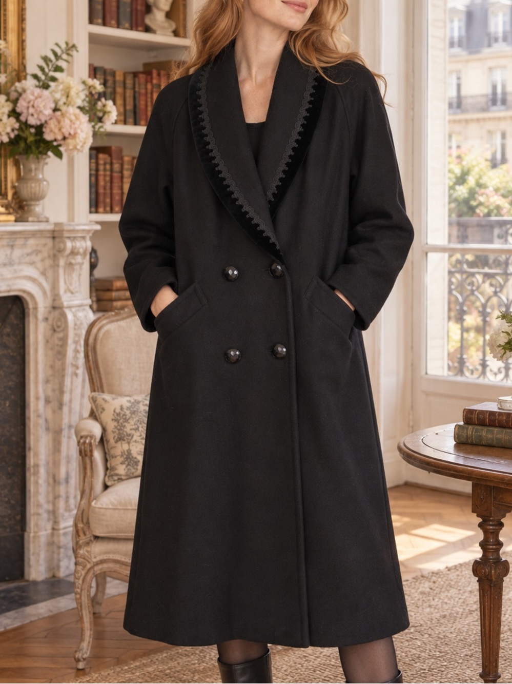 Vintage Black Wool Coat Velvet Trim Jeweled Buttons Long Overcoat L